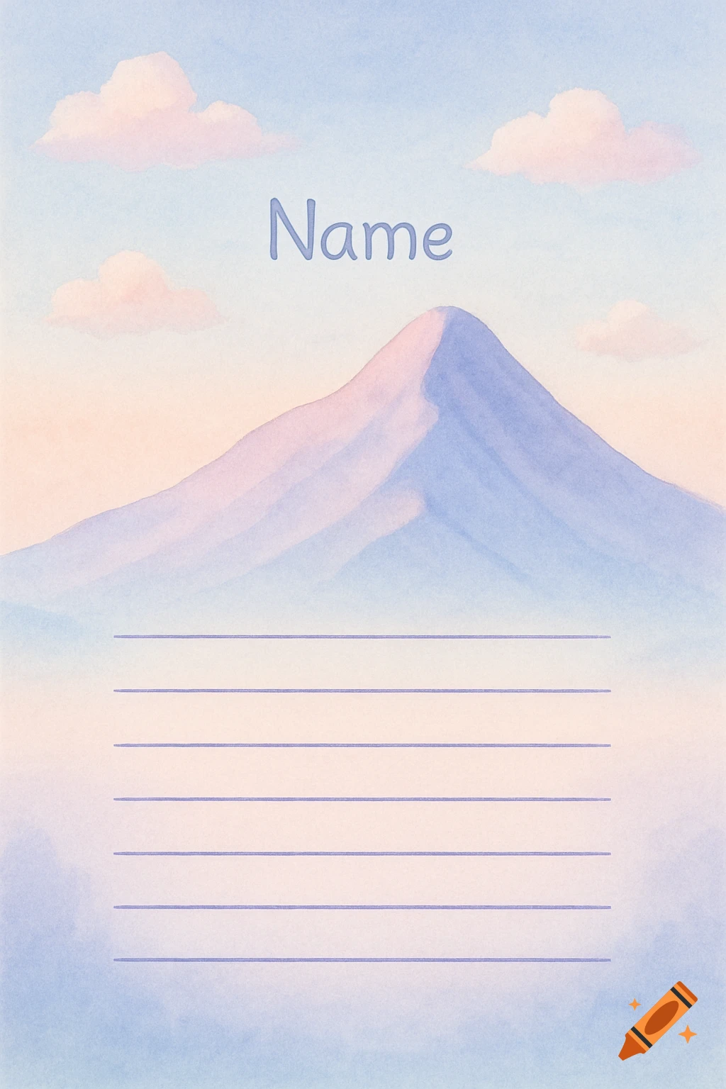 A pastel watercolor illustration of a mountain and clouds, with the word "Name" and nine horizontal lines for writing.