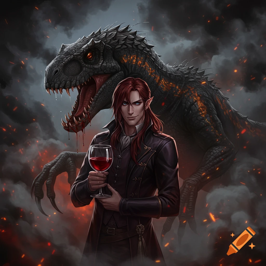 A red-haired man holds a wine glass, standing before a snarling Indoraptor with dripping blood, amidst smoke and embers.