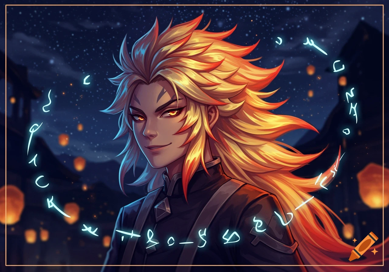 Anime portrait of a male character with spiky, flaming hair and glowing eyes, surrounded by mystical symbols against a starry night sky with lanterns.
