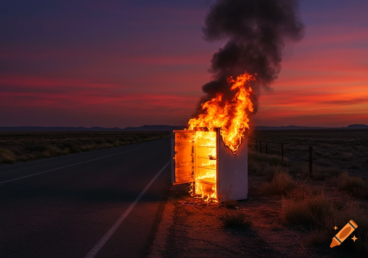 A burning refrigerator sits on the side of a desolate road under a dramatic red and purple sunset sky.