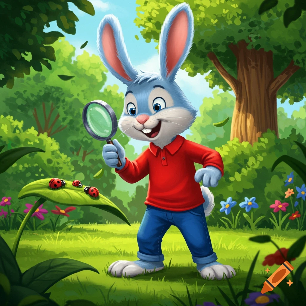 A blue cartoon rabbit wearing a red shirt and blue jeans looks through a magnifying glass at three red ladybugs on a green leaf in a lush forest.