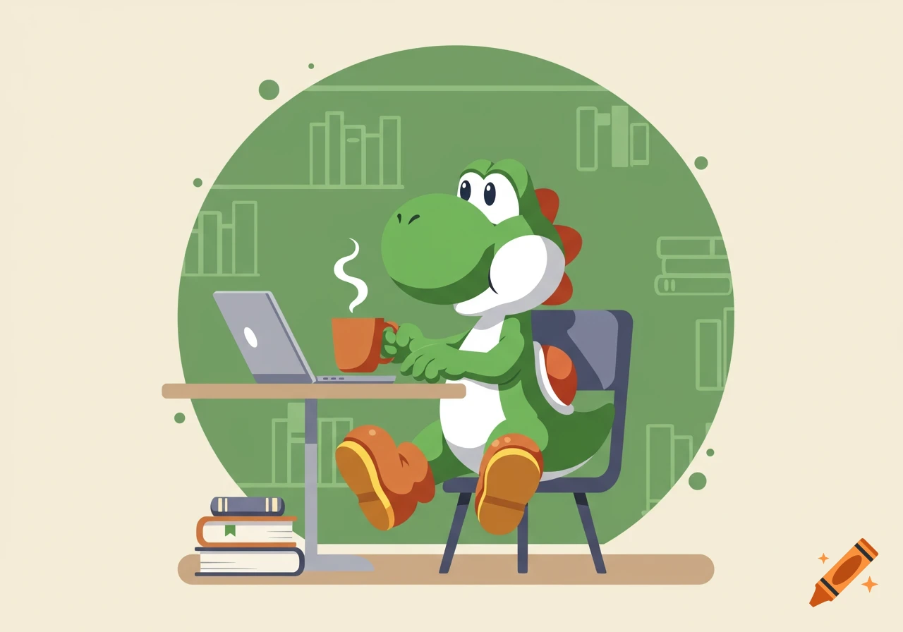 A vector illustration of green Yoshi sitting at a desk with a laptop and a steaming cup of coffee in a library setting.