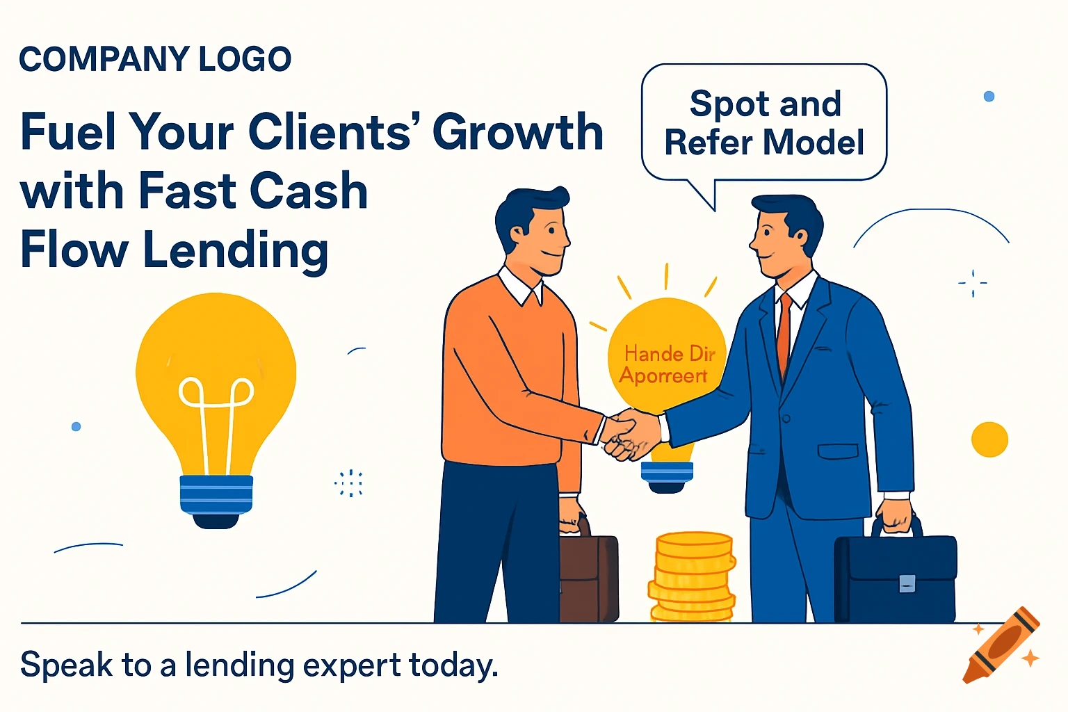 Flat design illustration of two business men shaking hands, with money and a lightbulb, on a white background with abstract shapes.