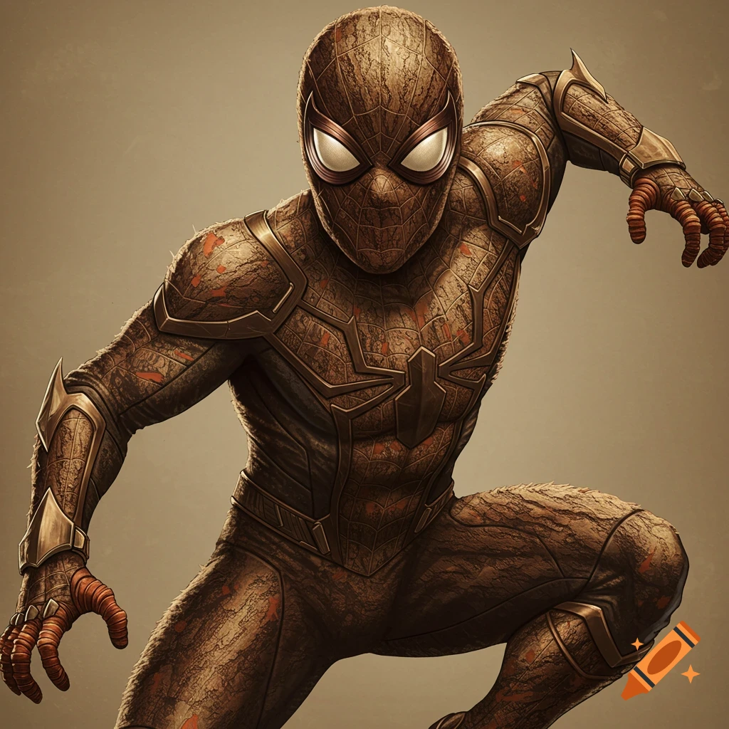 A stylized Spider-Man character in a textured brown suit resembling tree bark, with gold armor accents, in a crouching pose.