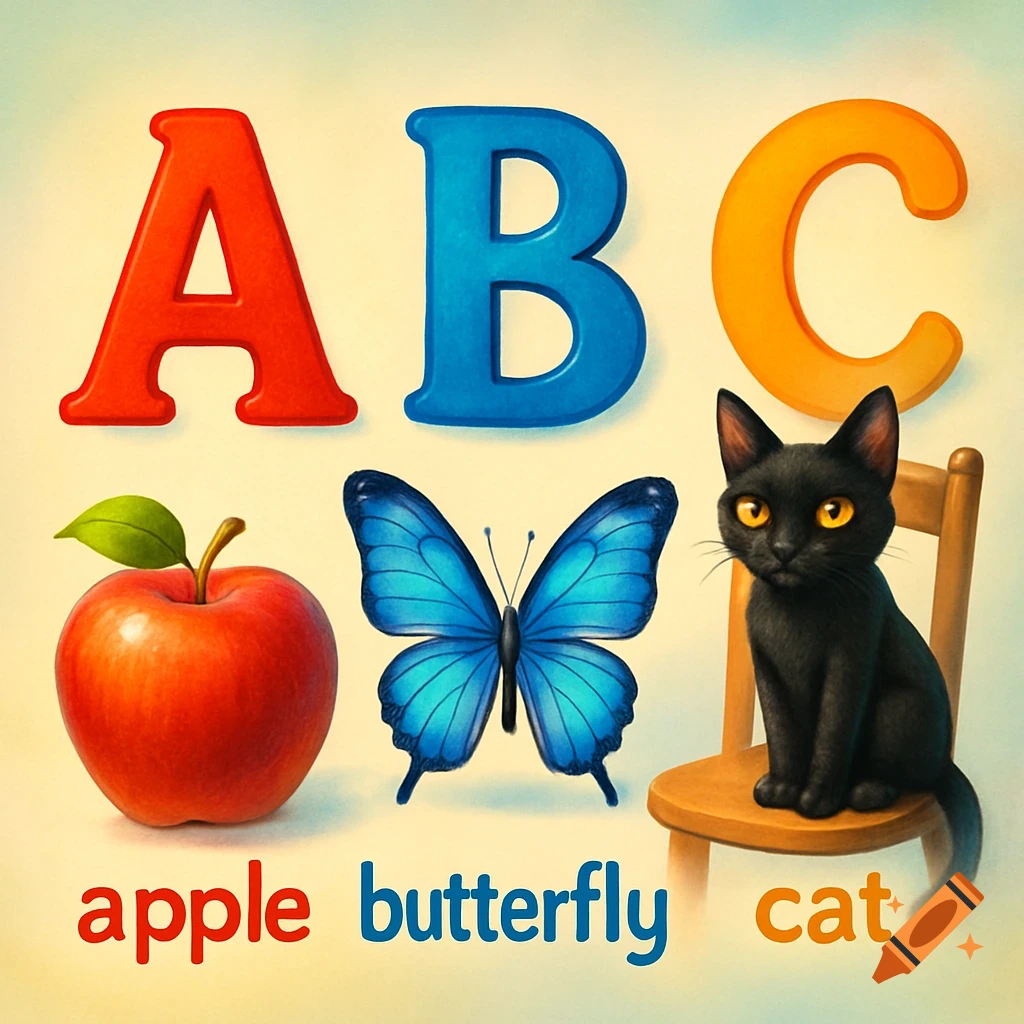 A bright educational poster with letters A, B, C. Images include an apple, a blue butterfly, and a black cat with their names.