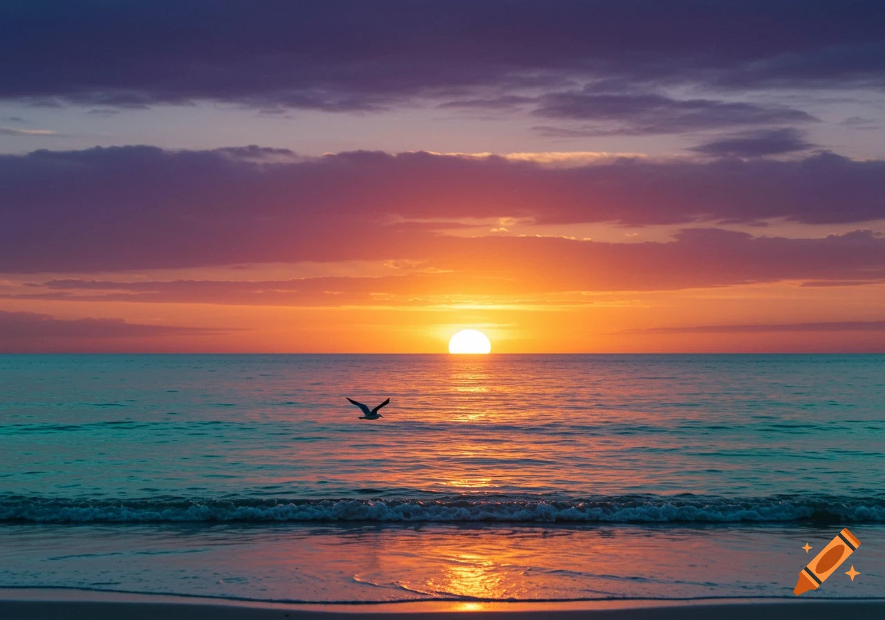 A vibrant sunset over the ocean with a bird flying low above the water and waves on the sandy shore.