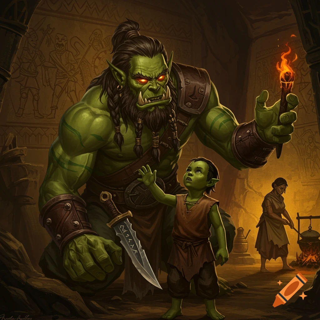 A large green-skinned orc with braided hair and a beard holds a lit torch while a small, young orc reaches toward a dagger on the ground. In the background, a human woman cooks over a fire.