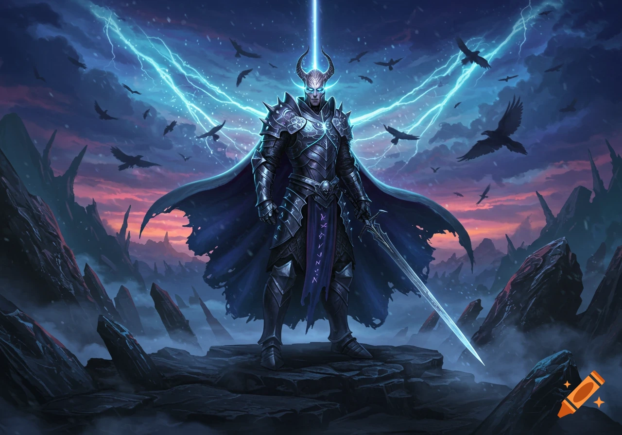 A dark fantasy knight with glowing eyes and horns stands with a sword amidst a stormy, lightning-filled sky with ravens.