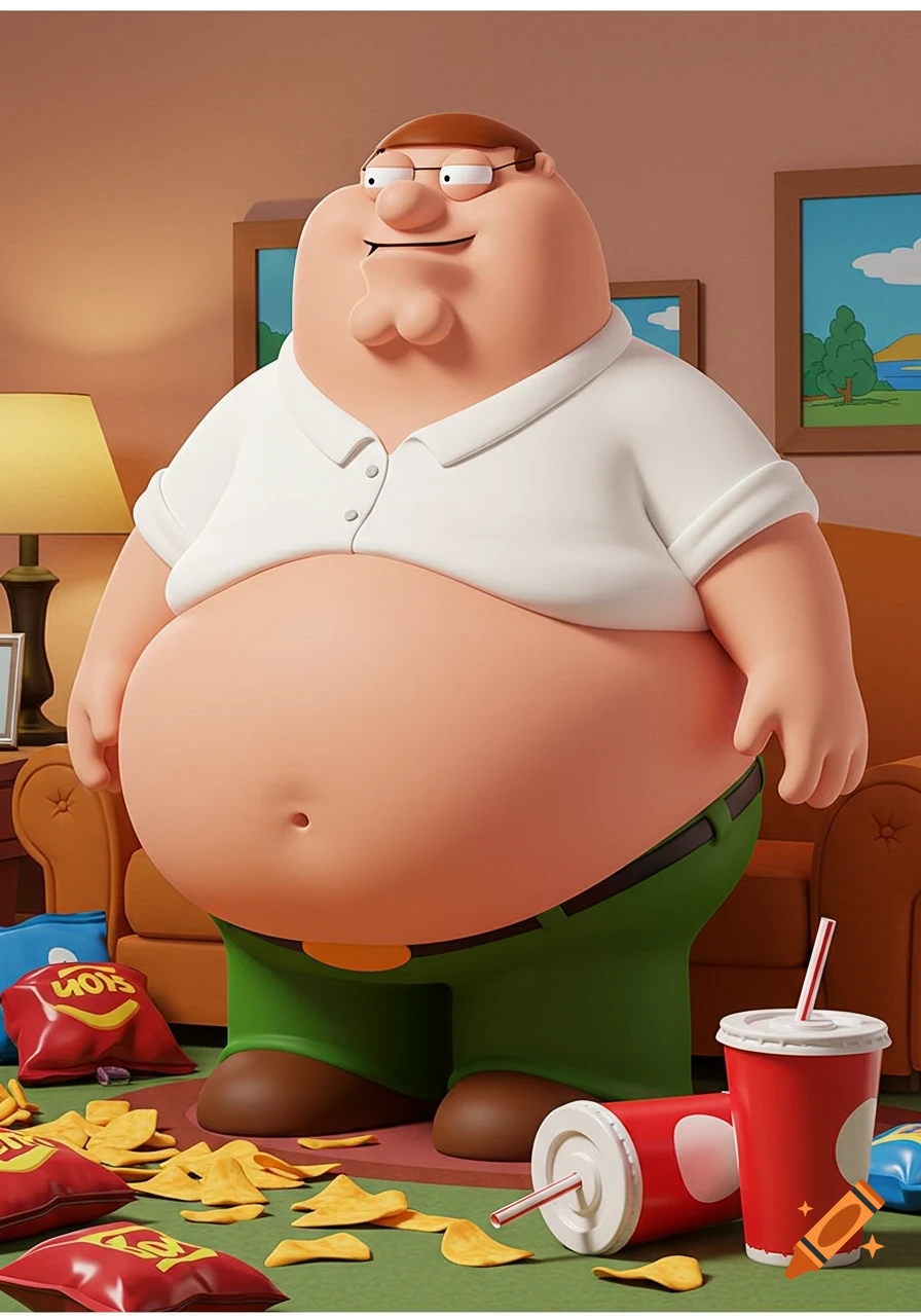 A large, cartoon-style Peter Griffin stands in a messy living room filled with scattered potato chips and soda cups.