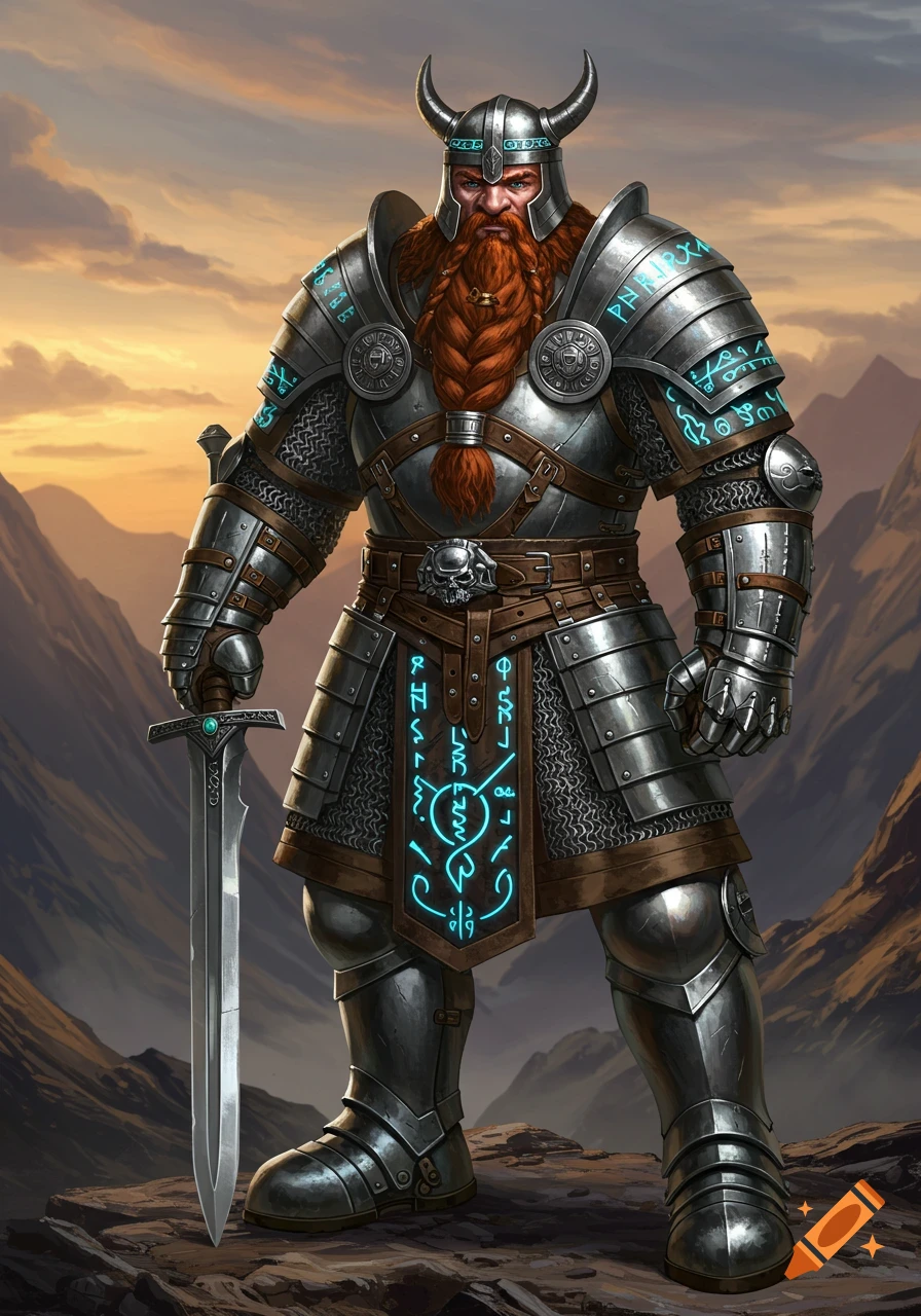 A heavily armored dwarven warrior with a braided red beard stands with a longsword in a mountainous landscape under an orange sky.