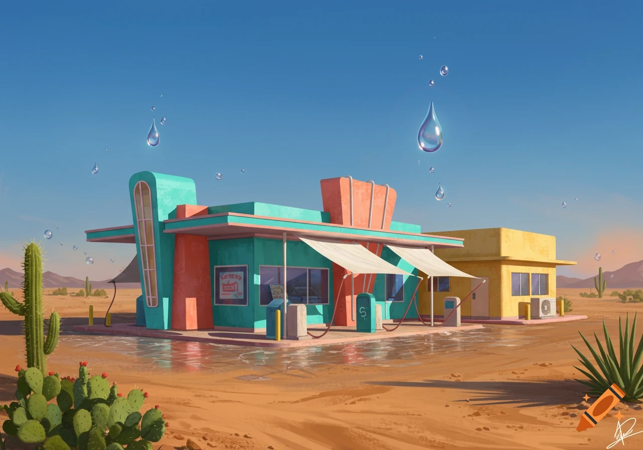 A stylized, brightly colored gas station or car wash in a desert landscape with large, glossy water droplets floating in the sky. Cacti and desert plants are visible.