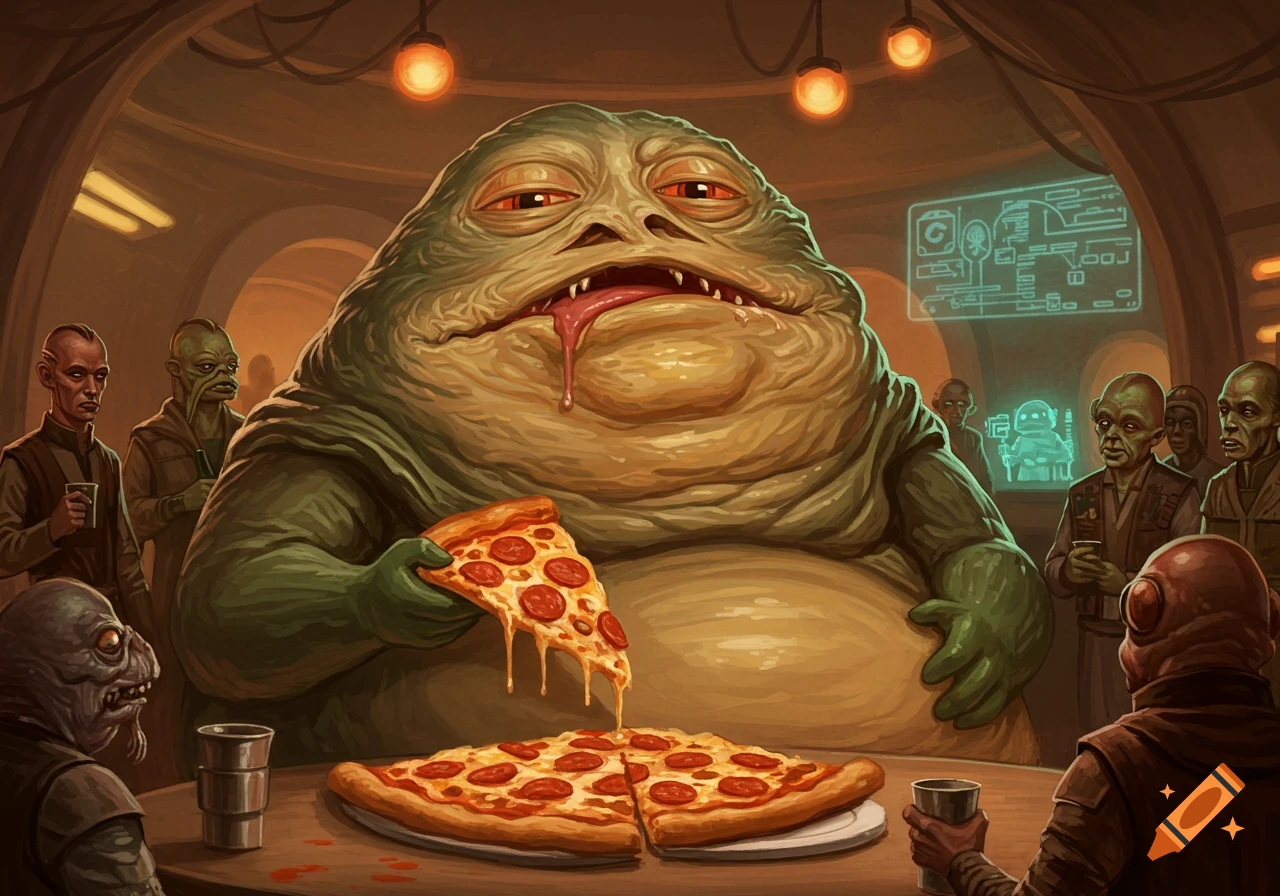 Jabba the Hutt, drooling, eats a slice of pepperoni pizza at a table in a dimly lit cantina surrounded by other aliens.