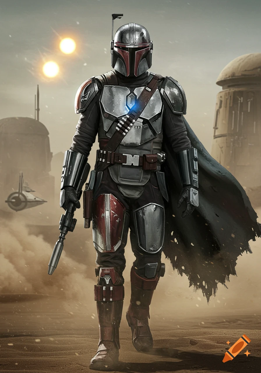 A fully armored bounty hunter resembling The Mandalorian stands on a desert planet under two suns, holding a rifle. Photorealistic style.