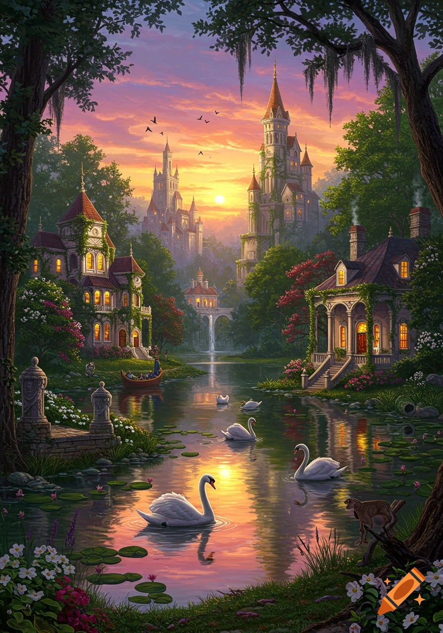 A vibrant fantasy landscape depicting multiple castles and houses along a river at sunset, with swans, lush trees, and a boat.