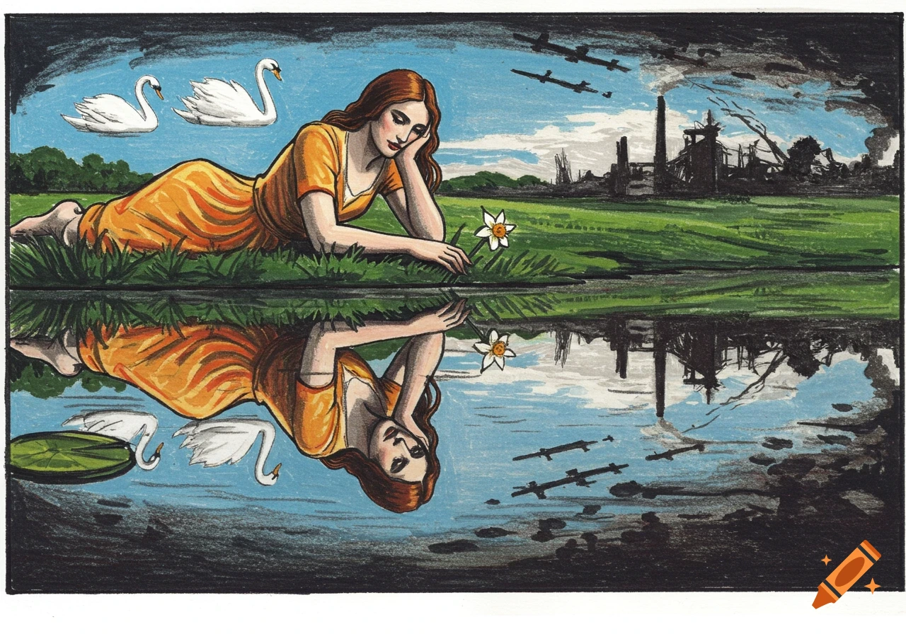 An illustration of a woman in an orange dress by a pond with swans overhead. Her reflection shows her in fatigues with bombers and an industrial wasteland.
