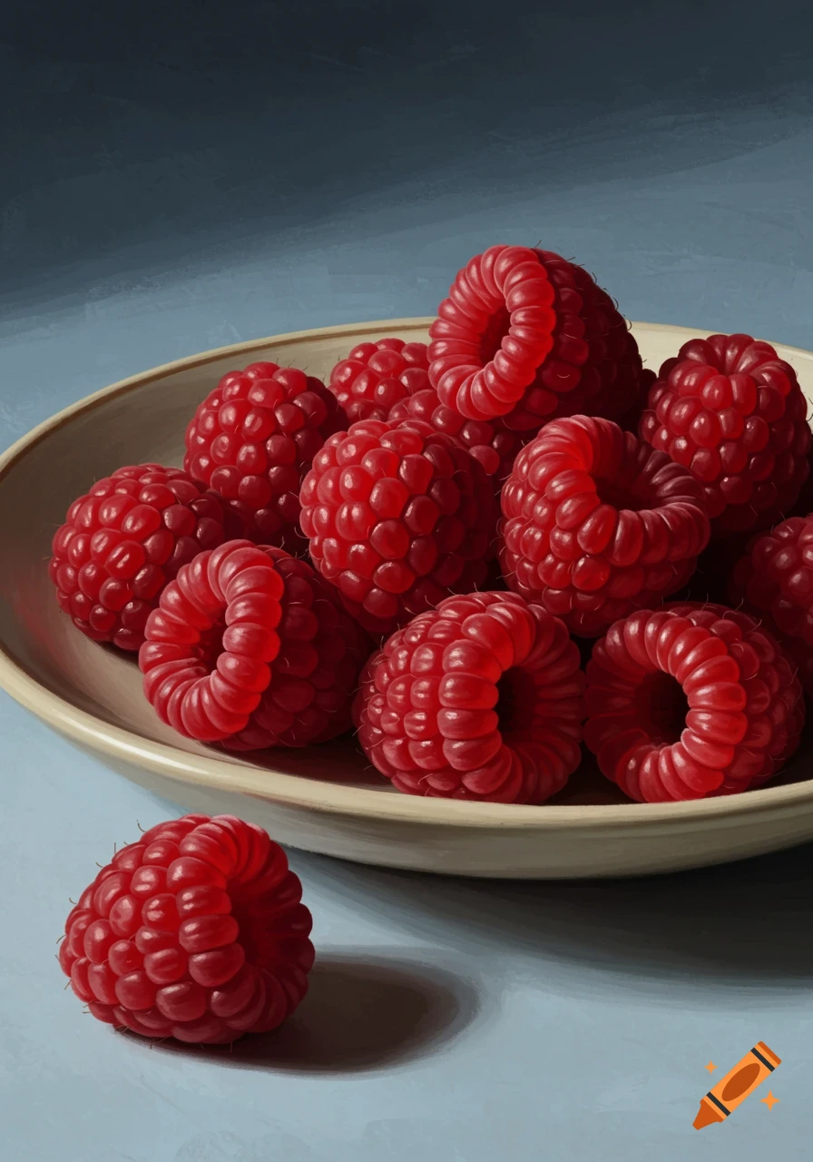A realistic painting of red raspberries in a bowl on a light blue surface, with one berry outside.