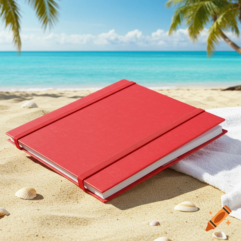 A red folder with elastic bands lies on golden beach sand next to a white towel, with seashells, turquoise ocean, and palm trees in the background. Photorealistic.