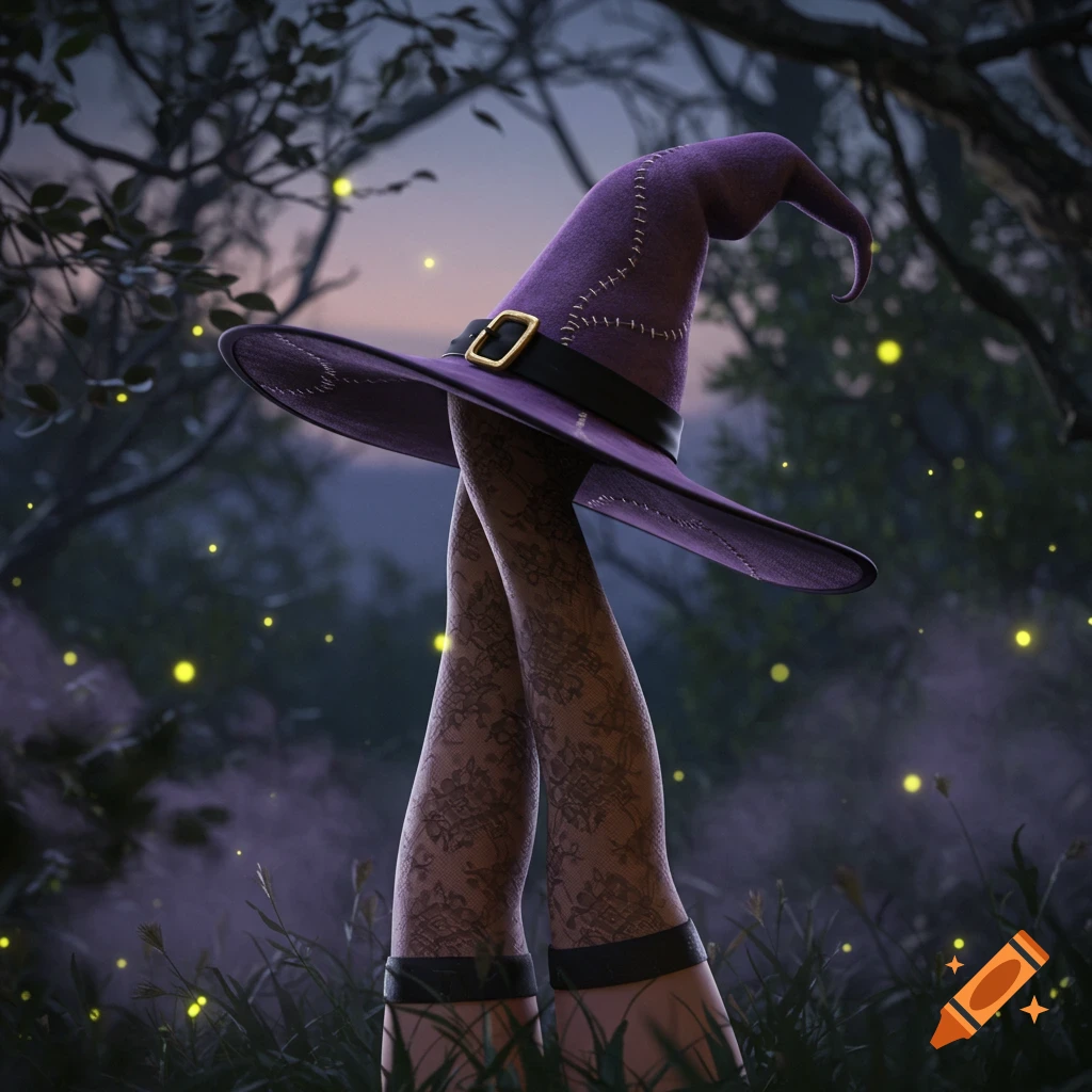 A purple witch hat floats above a pair of legs in black lace stockings, standing in a dark, misty forest with glowing fireflies.