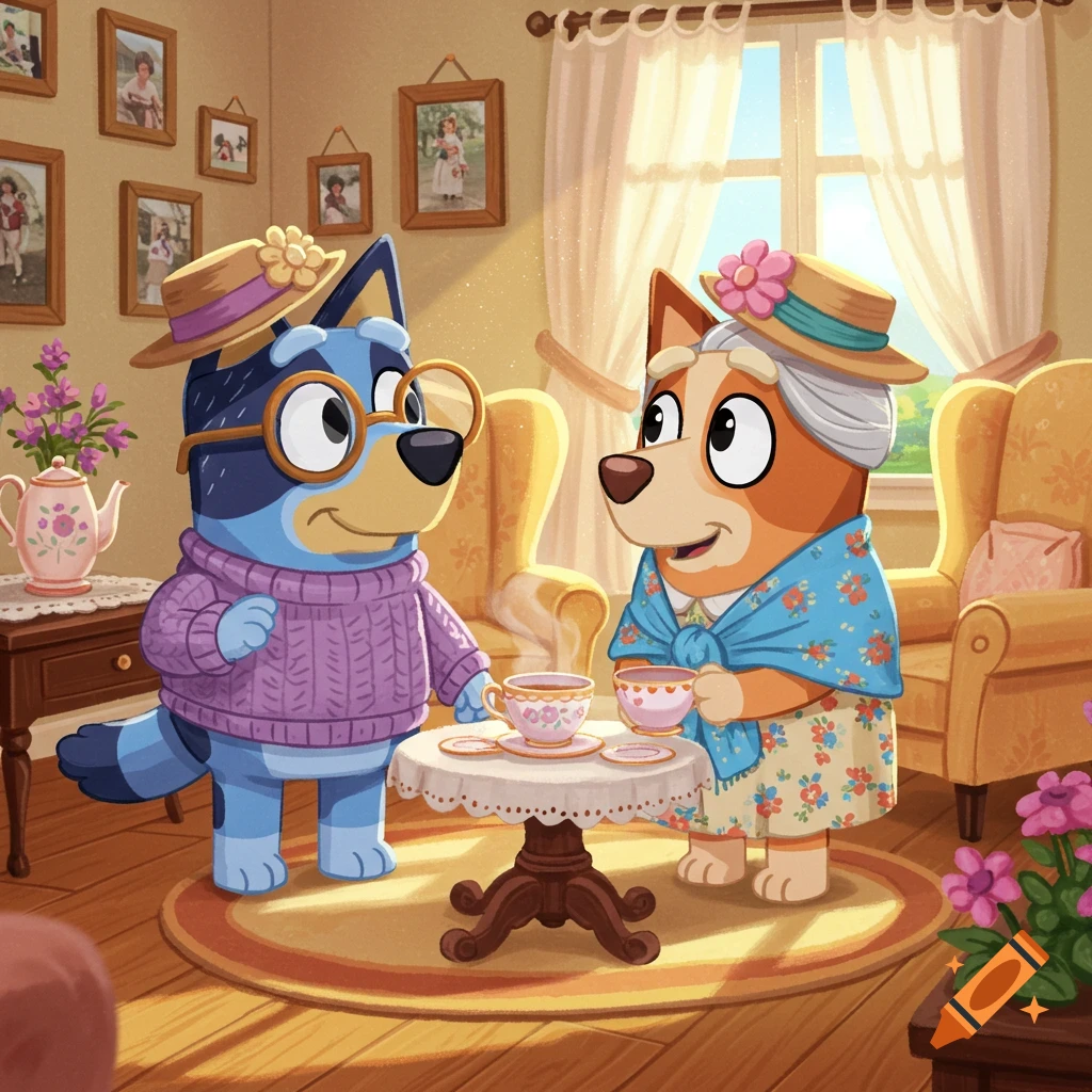 Two anthropomorphic dog characters, resembling Bluey and Bingo, dressed as grannies, share tea in a cozy living room.