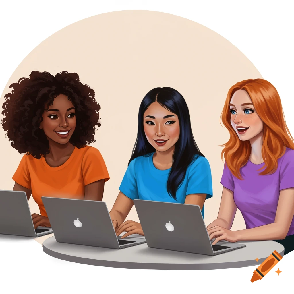 Digital art of three diverse young women, college students, smiling while working on laptops at a round table.