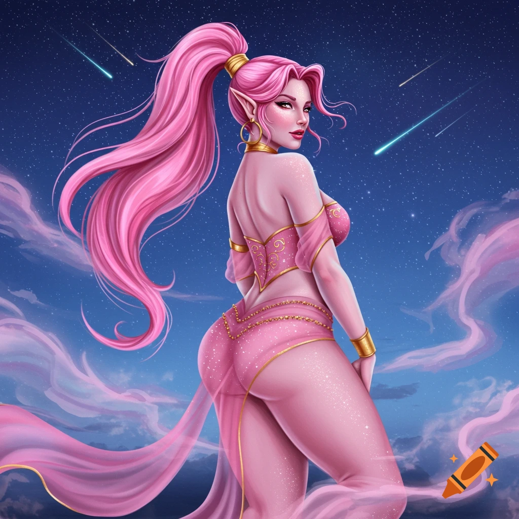 A pink-haired, curvy genie in pink and gold attire stands against a starry night sky with shooting stars.