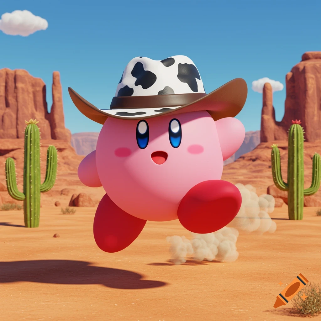 Kirby, a pink spherical character, wears a cow print cowboy hat while running through a sunny desert with cacti and red rock formations.