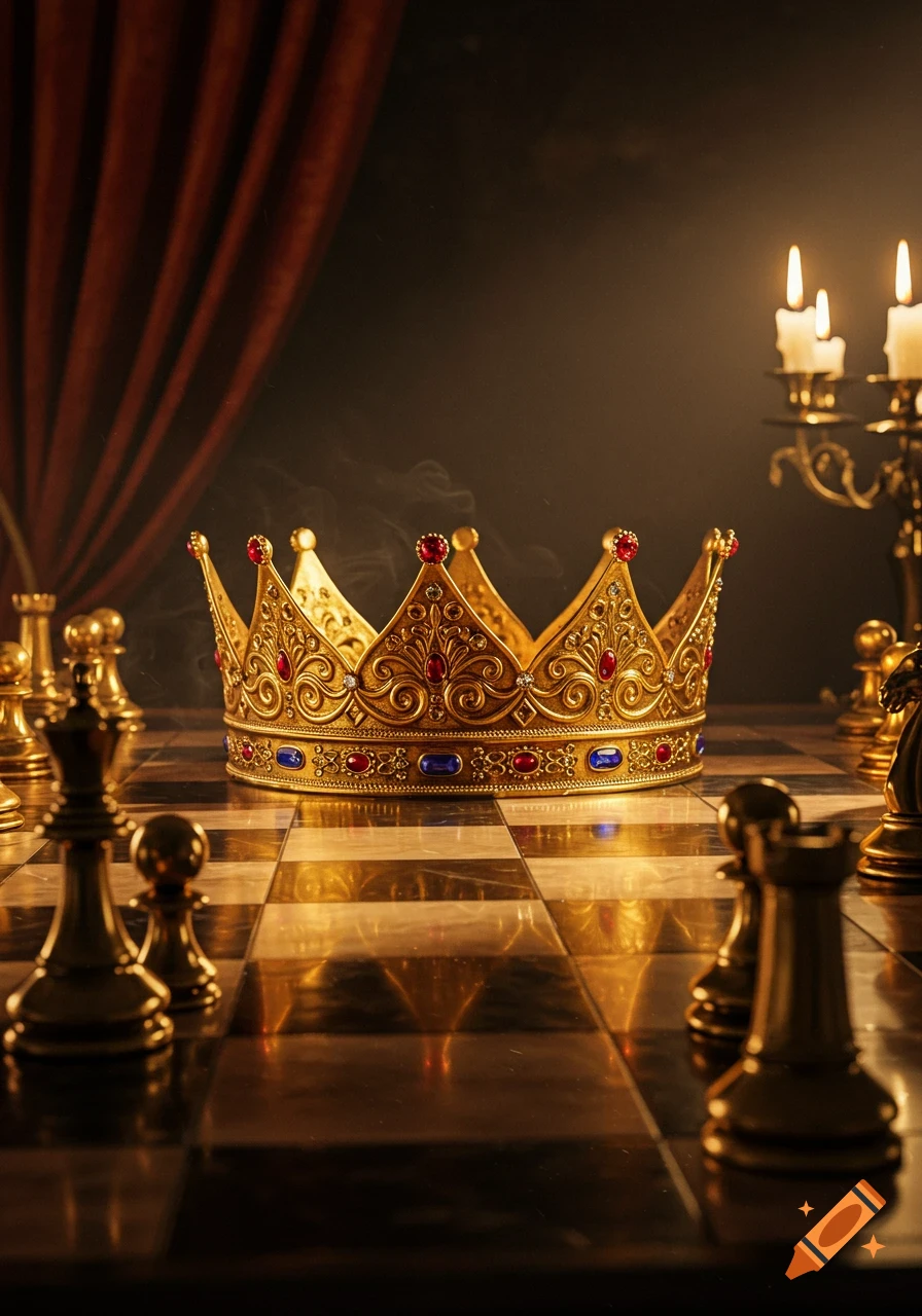 A golden crown sits prominently on a dark, reflective chessboard with chess pieces, illuminated by soft light and candles.