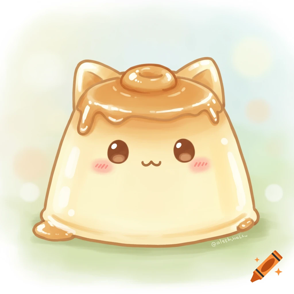 Animated cat-pudding hybrid, cute anime style, with big expressive eyes.