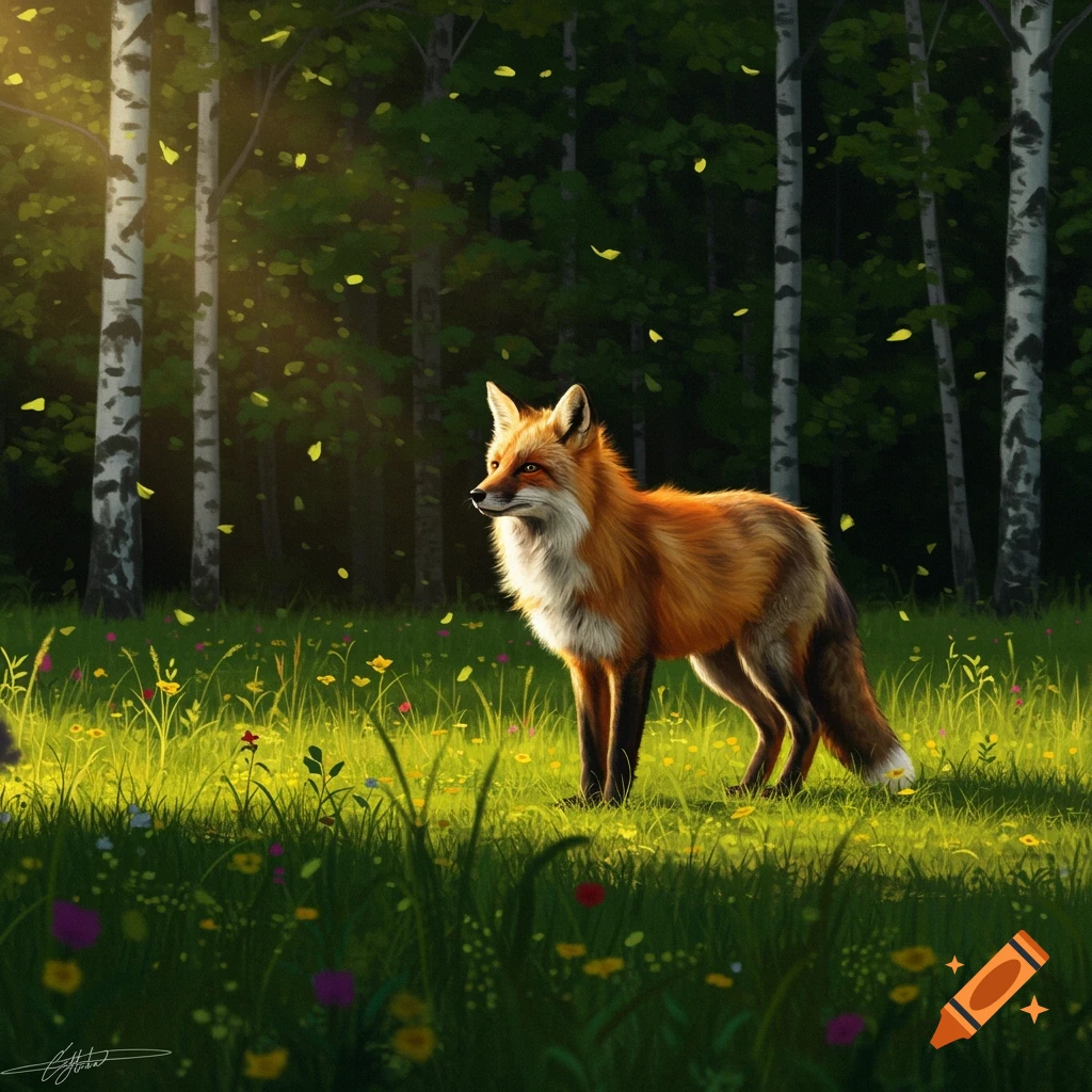 A red fox stands in a sunlit meadow amidst wildflowers and birch trees in a forest.