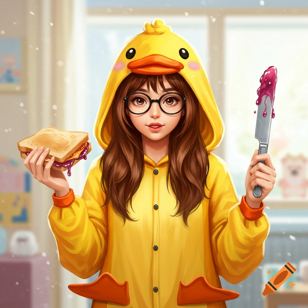 A girl in a yellow duck onesie and glasses holds a peanut butter and jelly sandwich and a knife dripping with jelly.