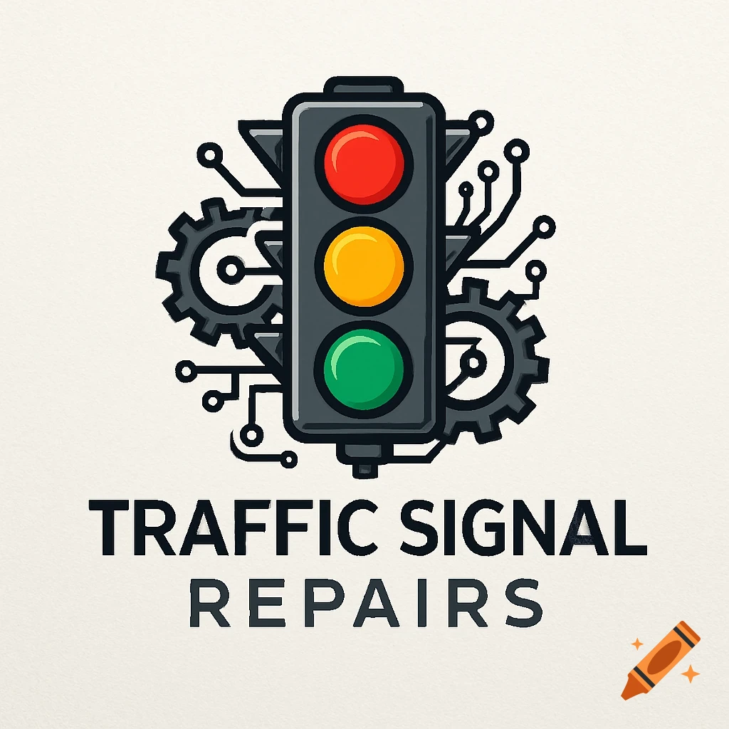 A logo featuring a traffic signal with gears and circuit board elements, with the text 'TRAFFIC SIGNAL REPAIRS' below.