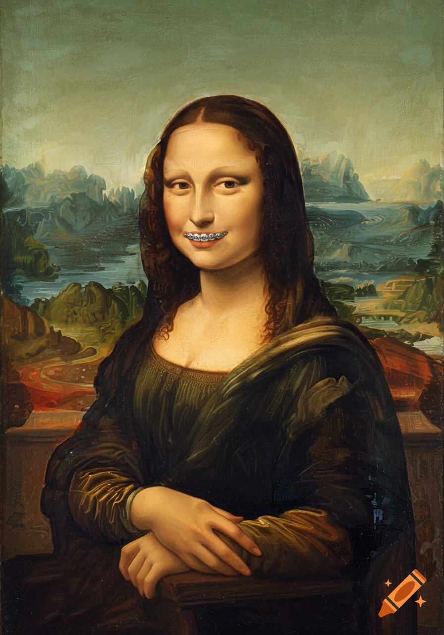 A famous classical painting of the Mona Lisa, but with modern dental braces on her teeth.
