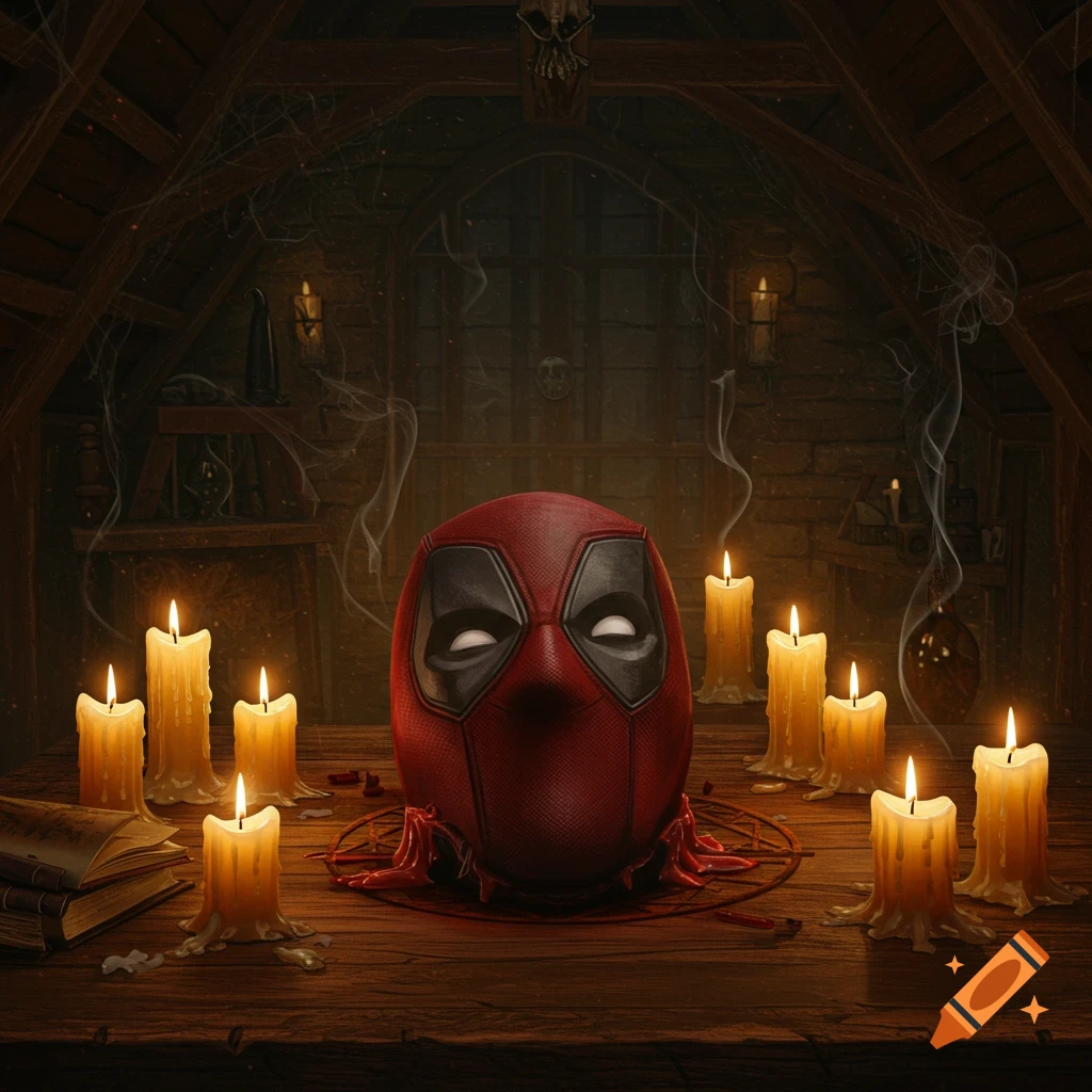 A stylized Deadpool mask sits on a wooden table, surrounded by flickering candles and a pentagram, in a dimly lit, cobweb-filled attic.