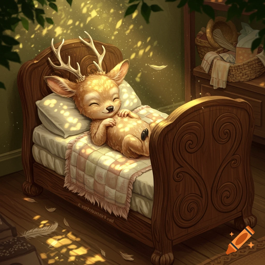 A whimsical illustration of a cute baby deer-like creature sleeping peacefully in a wooden bed with dappled sunlight.