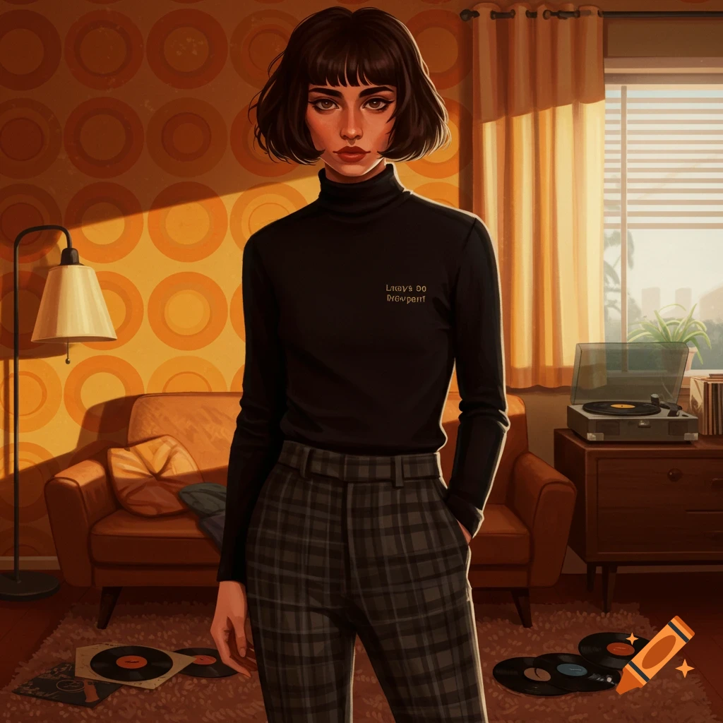 A woman with a short bob haircut wearing a black turtleneck and plaid pants stands in a retro living room.