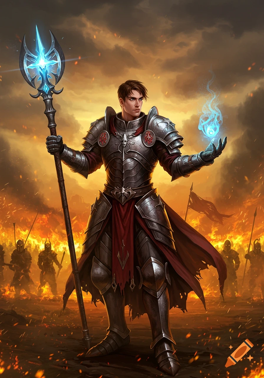A young war priest in ornate plate armor holds a glowing blue staff and conjures magic on a fiery battlefield.