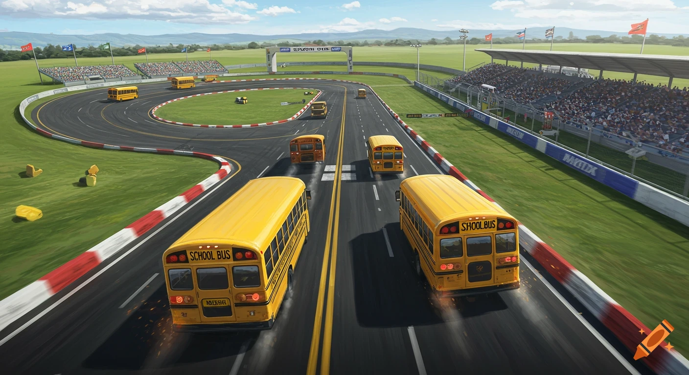 School buses race on a winding racetrack with spectators in the stands under a bright sky, digital painting.