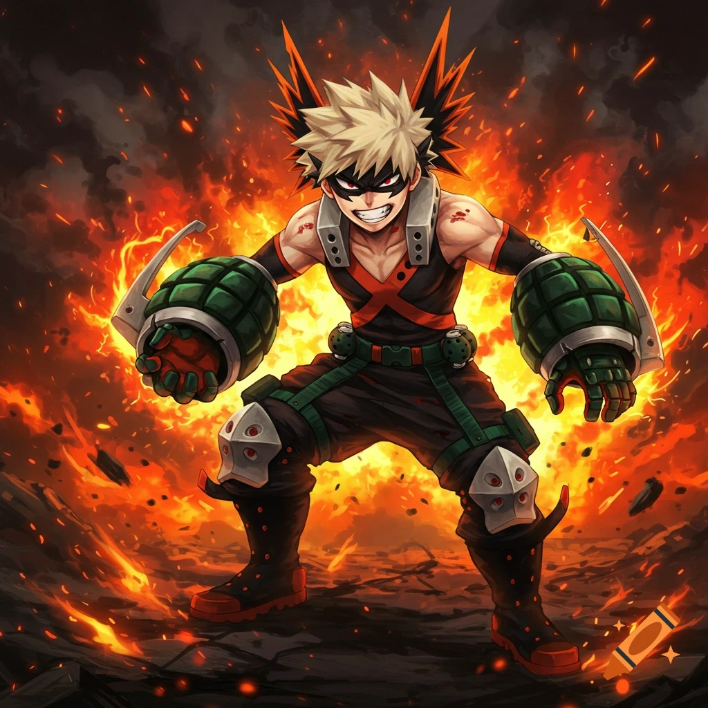 An anime character, Bakugo, stands aggressively amidst a fiery explosion, wearing his superhero costume with grenade gauntlets.