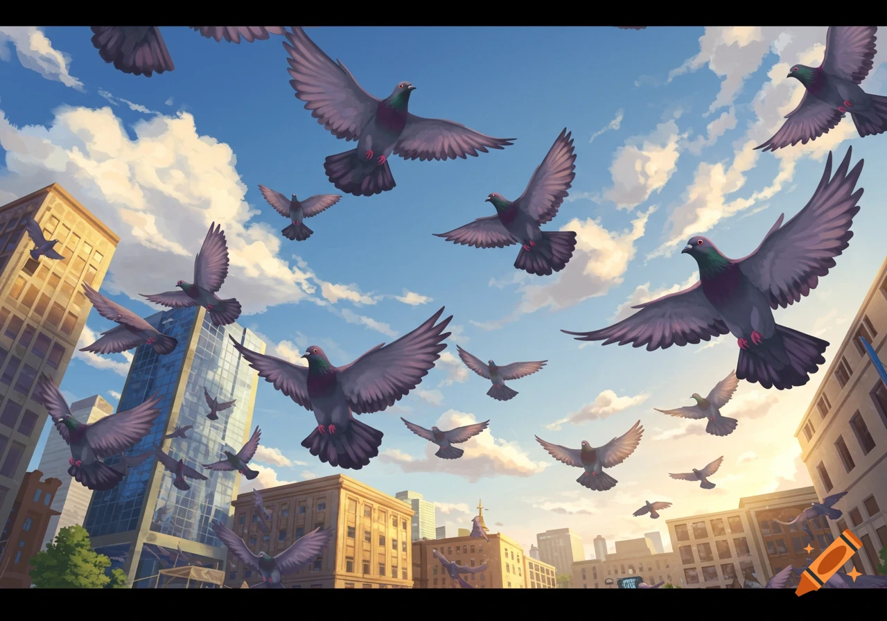 Illustrative overhead view of numerous pigeons flying against a blue sky with clouds over city buildings.