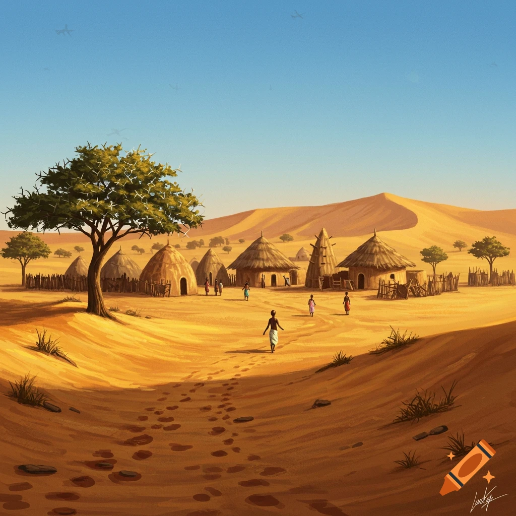 An illustrated desert village with huts, people, and a large tree under a clear sky.