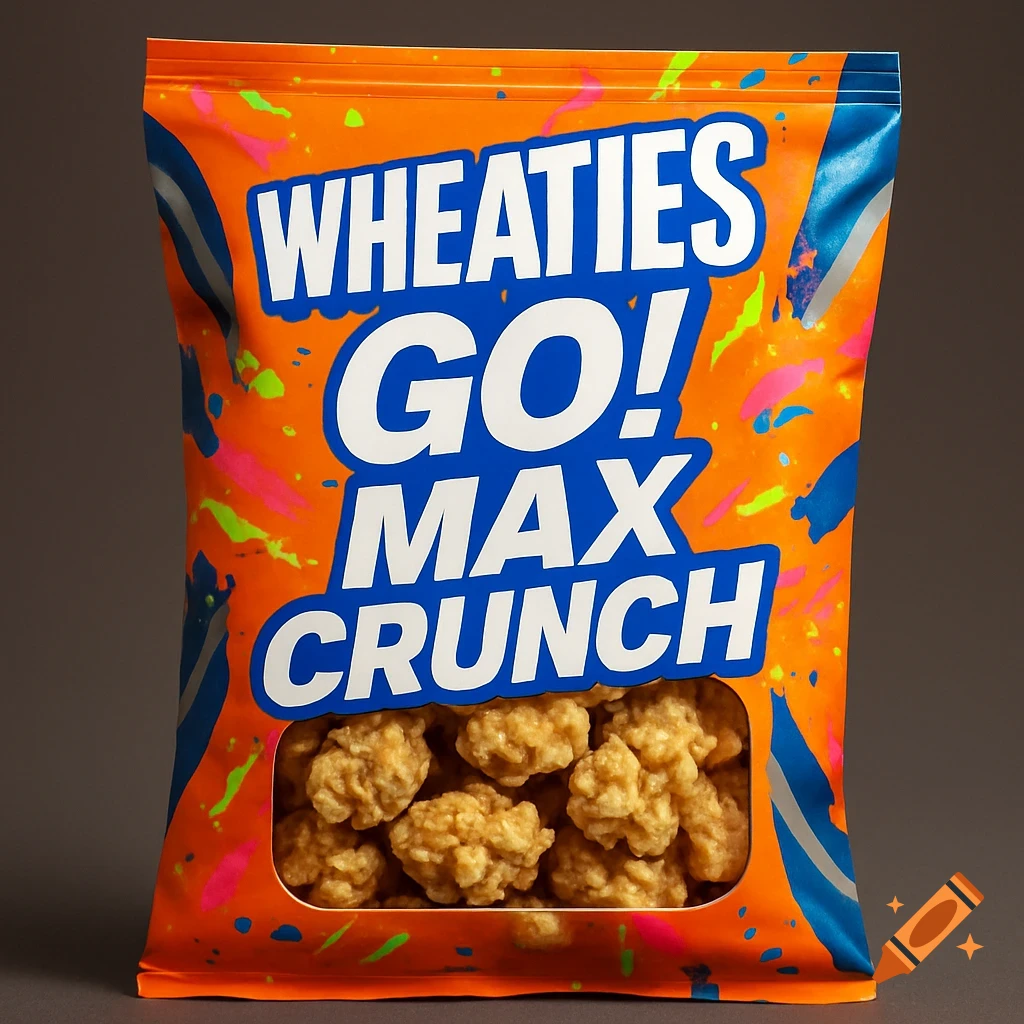A vibrant orange food pouch with "Wheaties GO! MAX CRUNCH" text and neon paint splatters, revealing crunchy cereal clusters inside.