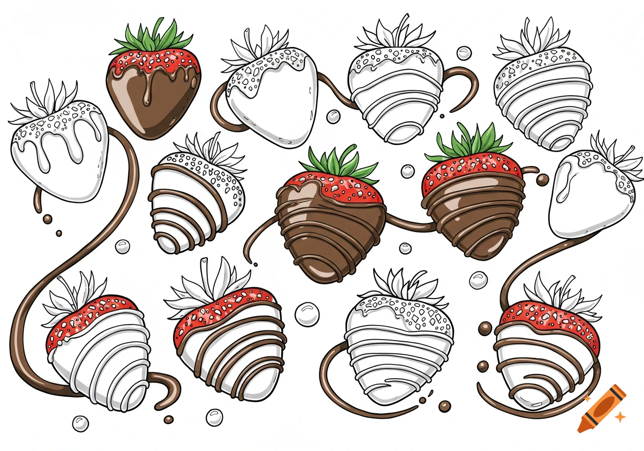 A coloring book illustration of various chocolate-covered strawberries with bold outlines.