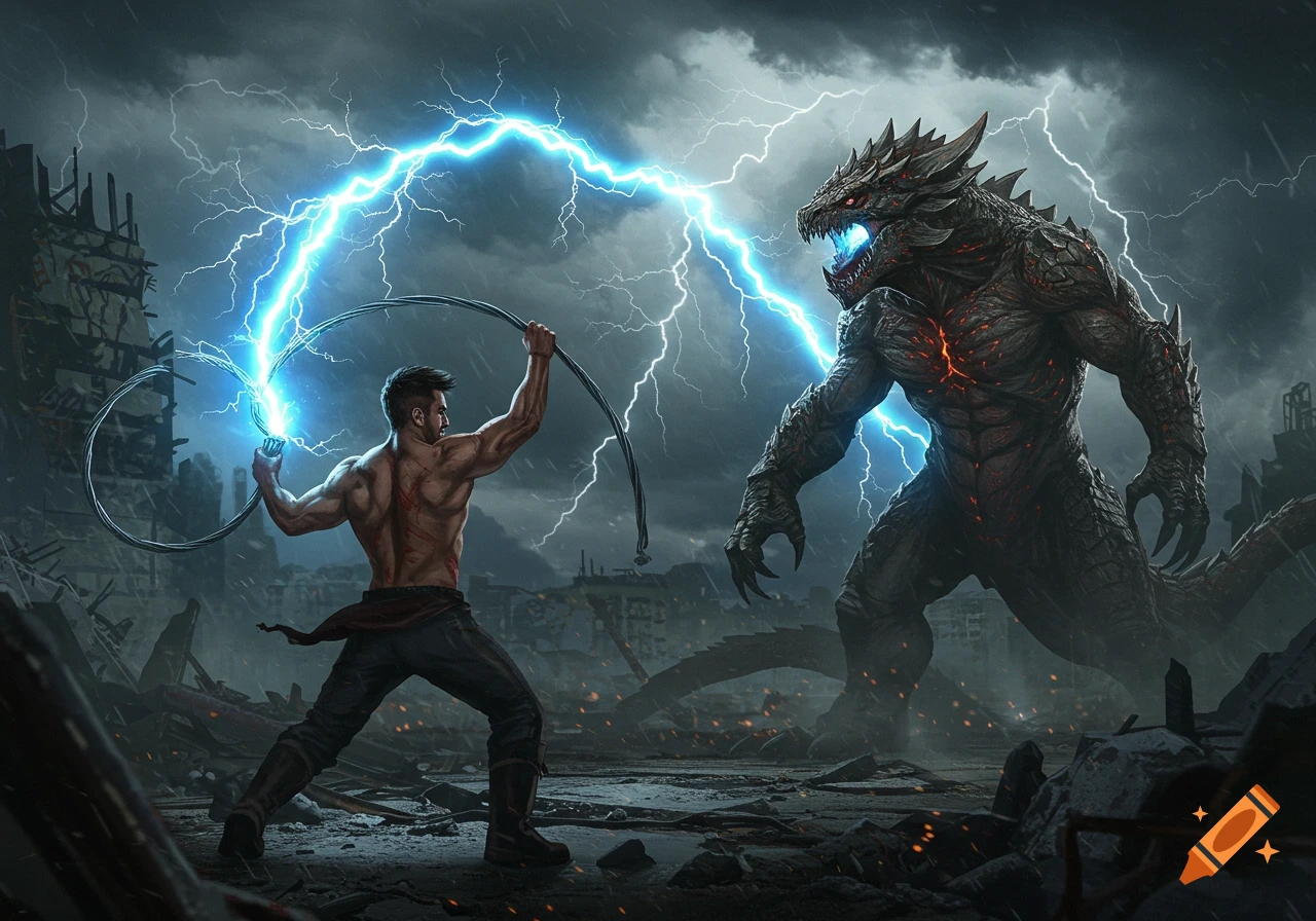 A muscular man fights a dark, glowing monster with a whip of blue lightning in a destroyed city under a stormy sky.