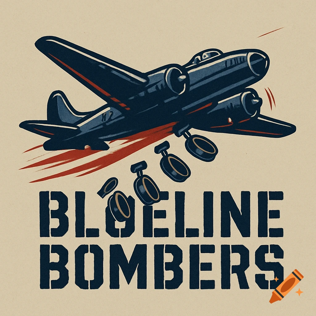 A vintage-style logo featuring a dark blue WWII bomber airplane dropping red hockey pucks as bombs, with the text 'BLUELINE BOMBERS' below.