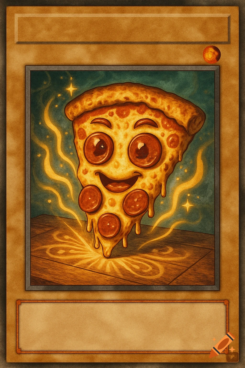 Cartoon slice of happy pepperoni pizza depicted as an old Yu-Gi-Oh! trading card.