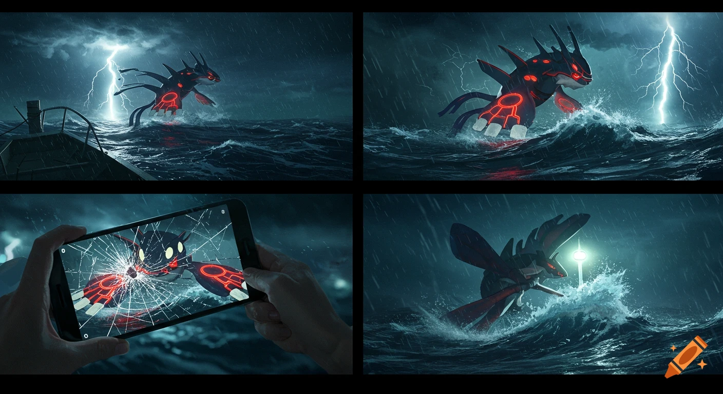 A four-panel image of a red and black Groudon-like creature emerging from stormy ocean waves with lightning in the background. One panel shows a cracked smartphone screen capturing the creature.