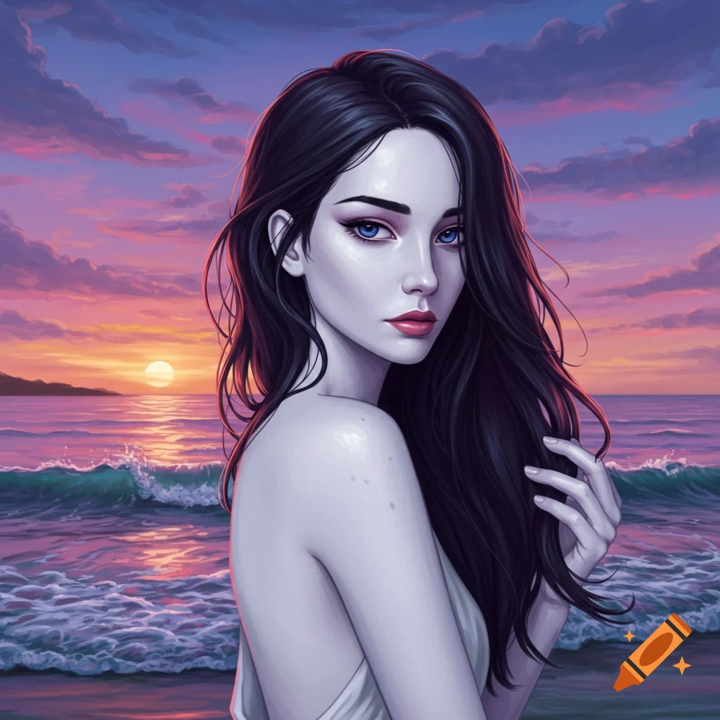 Digital painting of a woman with long dark hair and blue eyes on a beach at sunset.