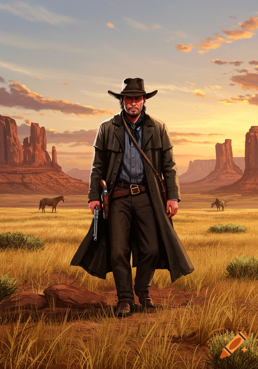 A cowboy in a trench coat and hat holds a revolver while standing in a grassy, rocky desert landscape with mesas at sunset, in the style of Red Dead Redemption 2.