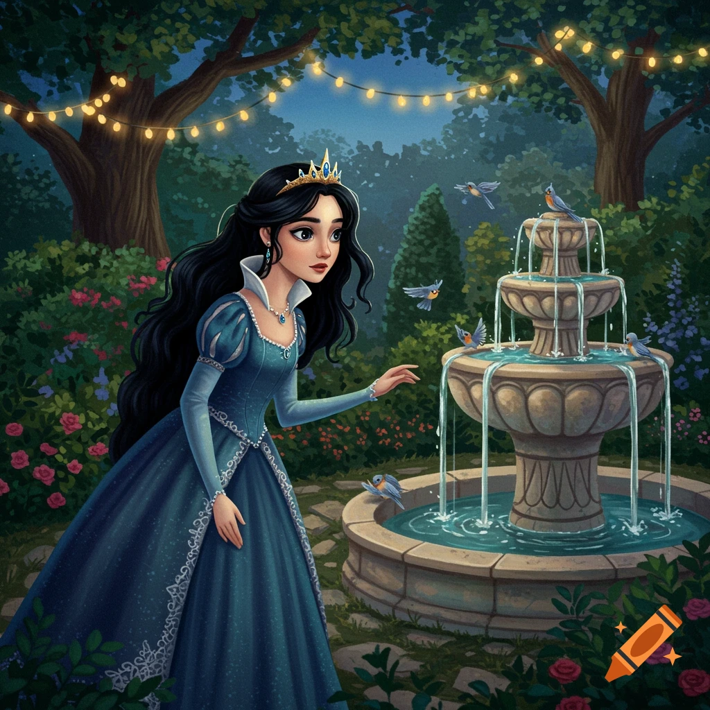 An illustrated princess in a blue gown stands by a fountain with birds in an enchanted garden lit by string lights.
