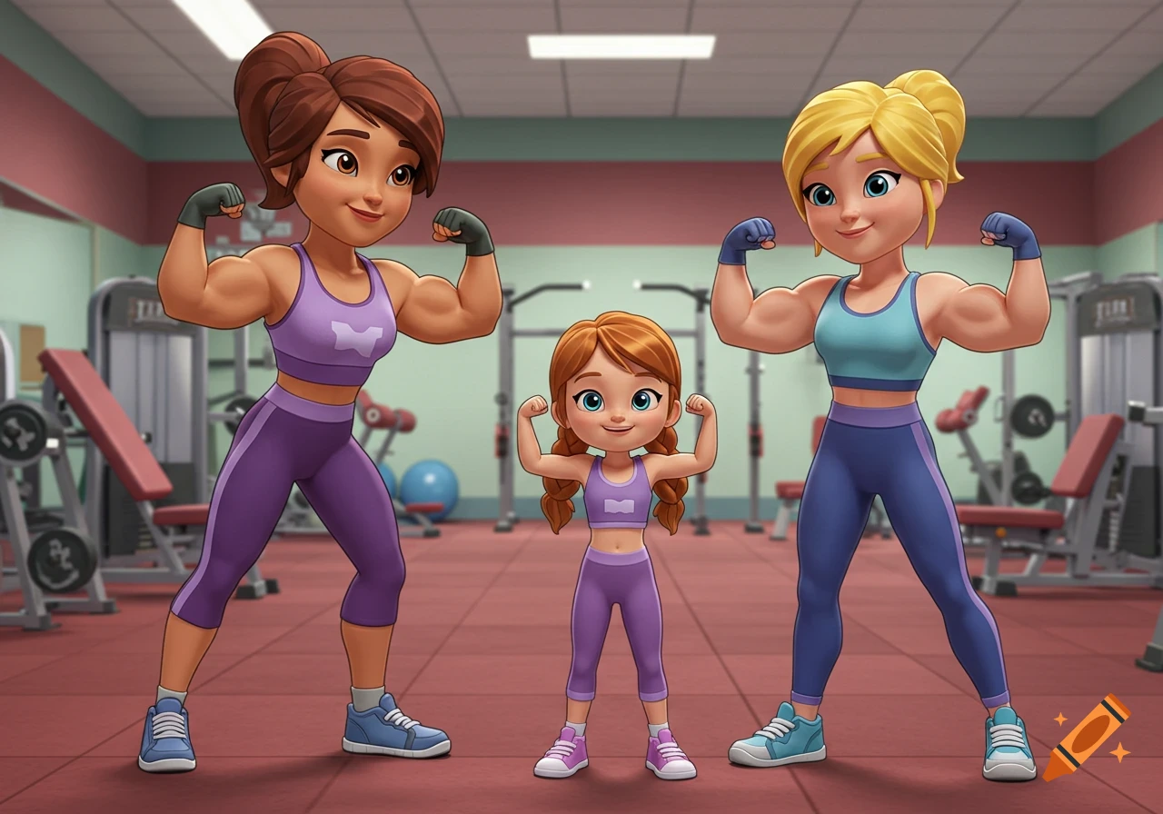 Cartoon of two muscular women and a child flexing their biceps in a gym.